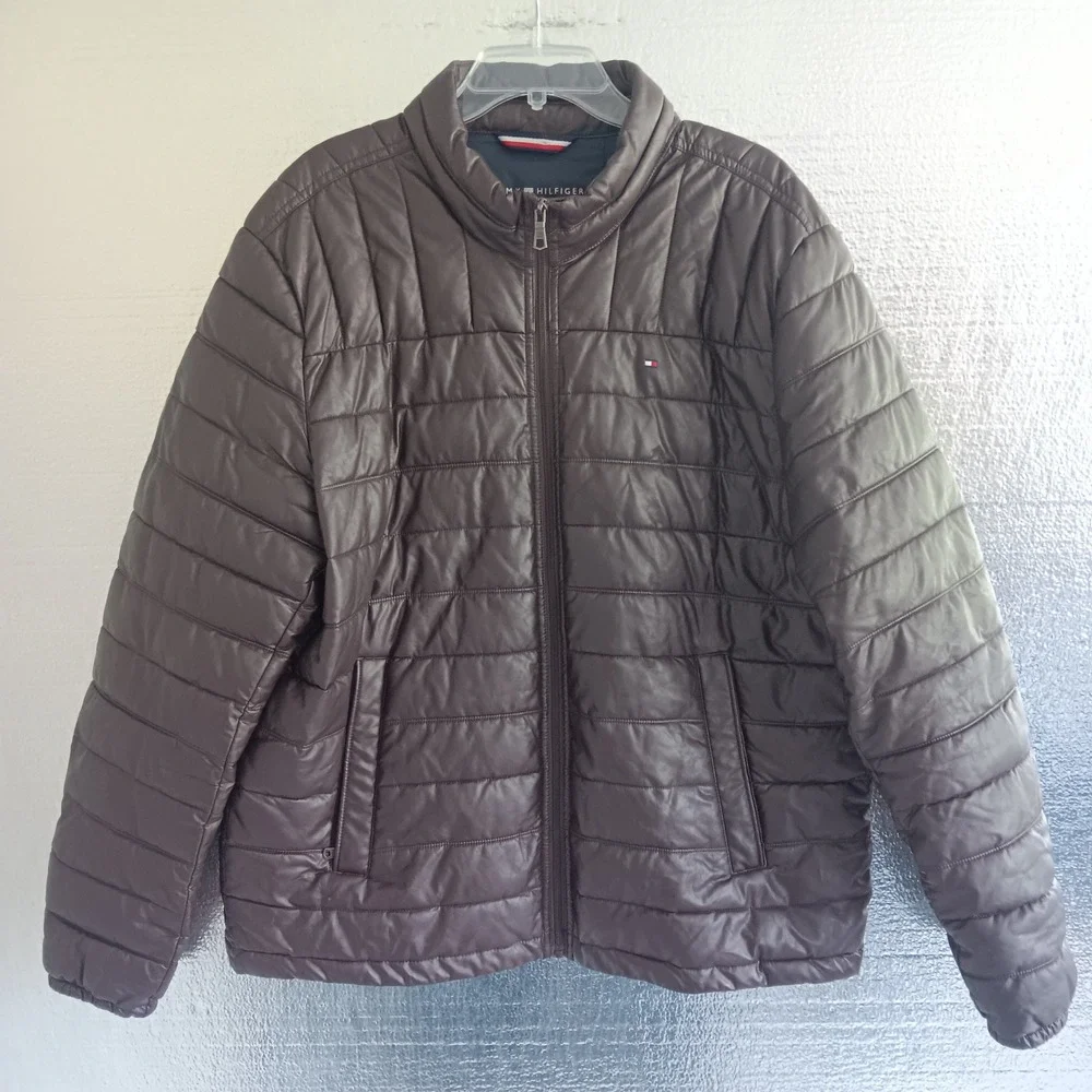 Tommy Hilfiger Puffer Jacket Mens XL Brown EUC Faux Leather Quilted Zip